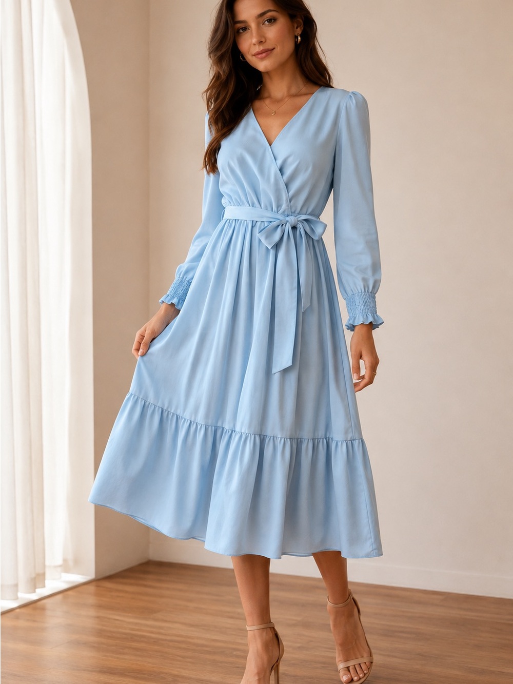 Soft Blue Wrap Midi Dress with Tie Waist